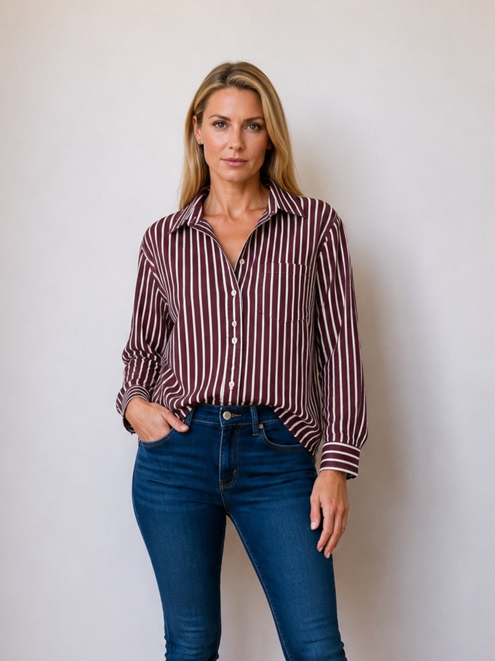 Striped Long-Sleeve Button-Down Shirt in Burgundy and White